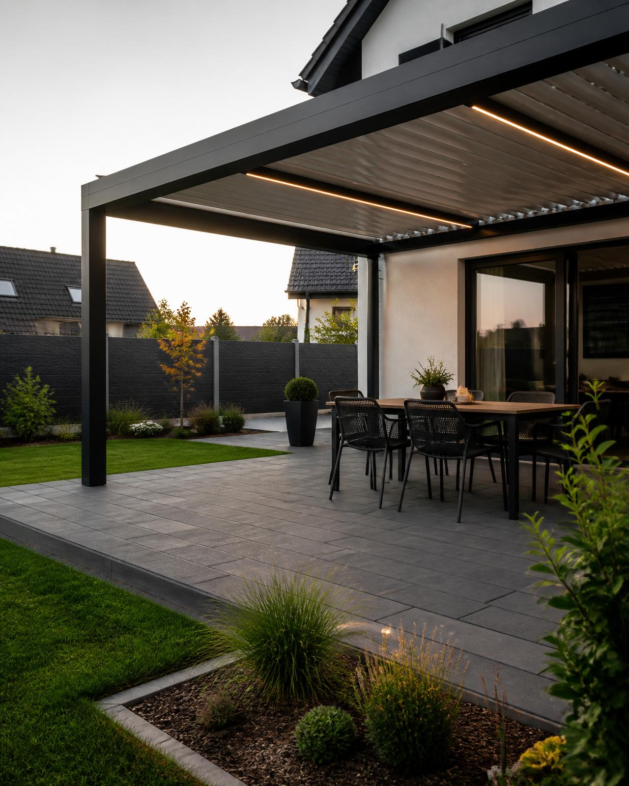 Terrasse mit Überdachung, Beleuchtung und Gartenanlage